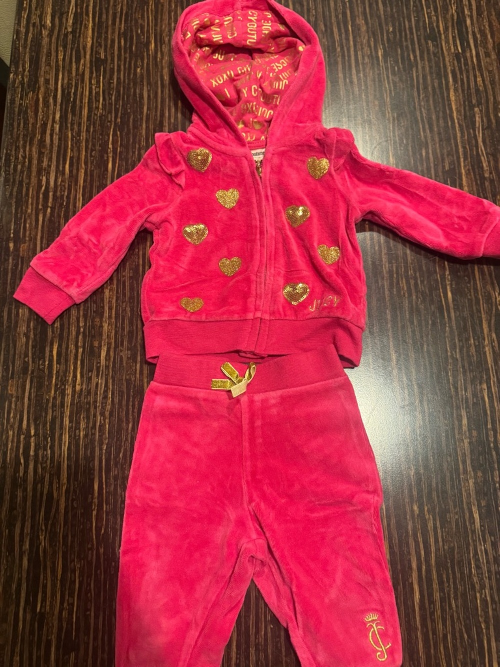 Juicy Cotour Velour Hoodie & Pants Set with Gold Heart Accents
